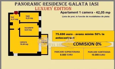 Apartament 1 camera de vanzare in Iasi, Galata, 42,05 mp, baie cu geam - foto 2