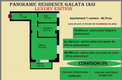 Apartament 1 camera de vanzare in Iasi, Galata, 46.72 mp, baie cu geam - foto 2