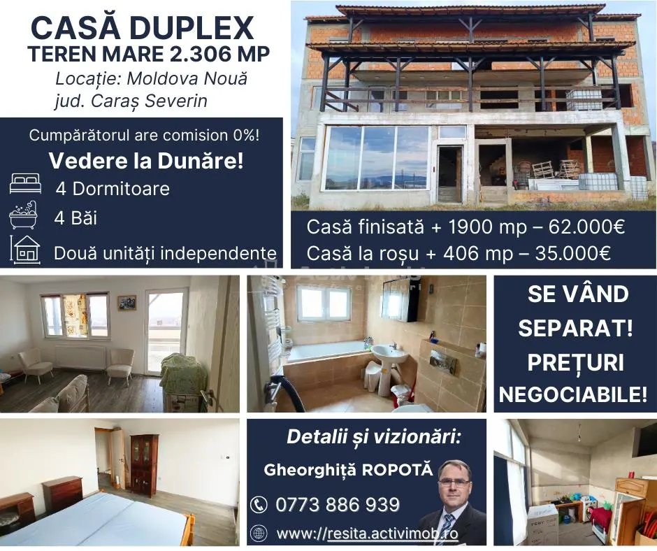 DUPLEX P+1+M CU TERASE | TEREN TOTAL 2.306 MP in MOLDOVA NOUA - foto 1